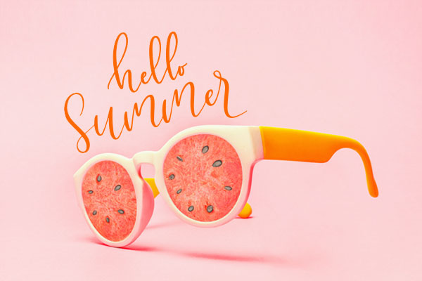 Sunglasses with lenses made out of watermelon and text saying "Hello Summer"
