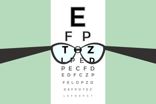 Looking through glasses at an eye chart