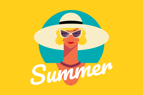 A young lady in a sunhat wearing white sunglasses with the word "Summer"